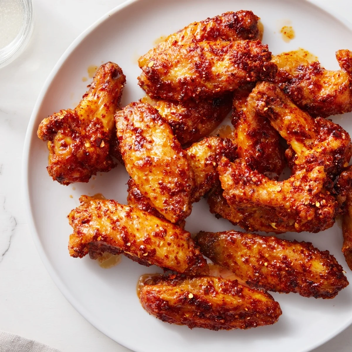 A platter of crispy air fryer Buffalo chicken wings garnished with celery sticks, ideal for a flavorful and gluten-free snack.