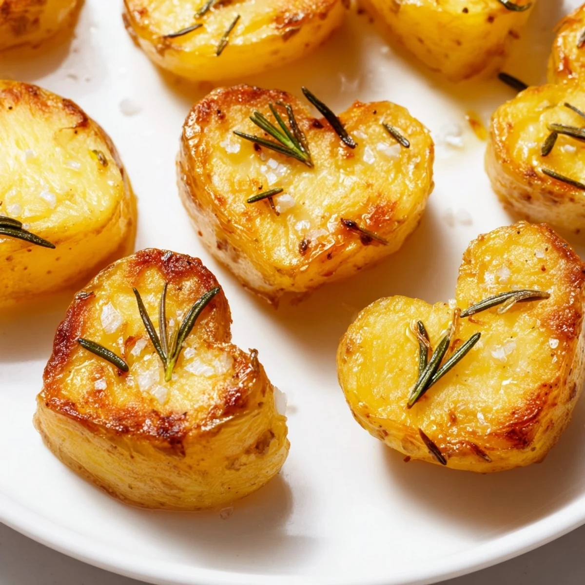 Scattered heart shaped roasted potatoes with rosemary and sea salt, ideal for a festive appetizer or special occasion snack.