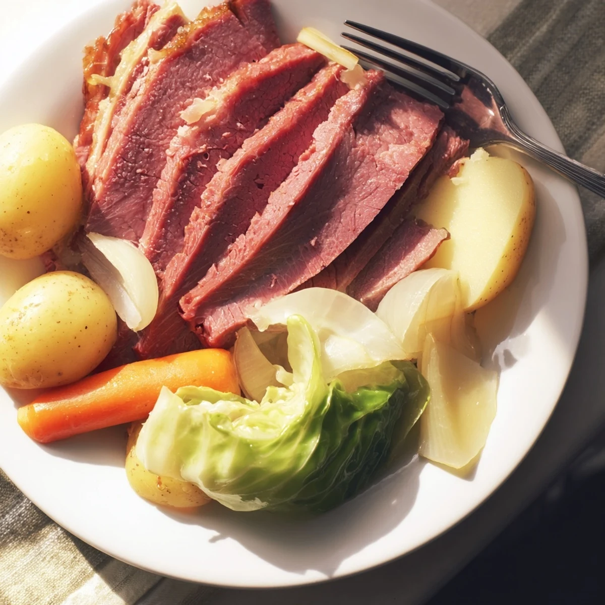 A slice of Slow Cooked Corned Beef with Cabbage and Potatoes rests on a plate, tender and flavorful beside soft Yukon Gold potatoes and vibrant green cabbage.