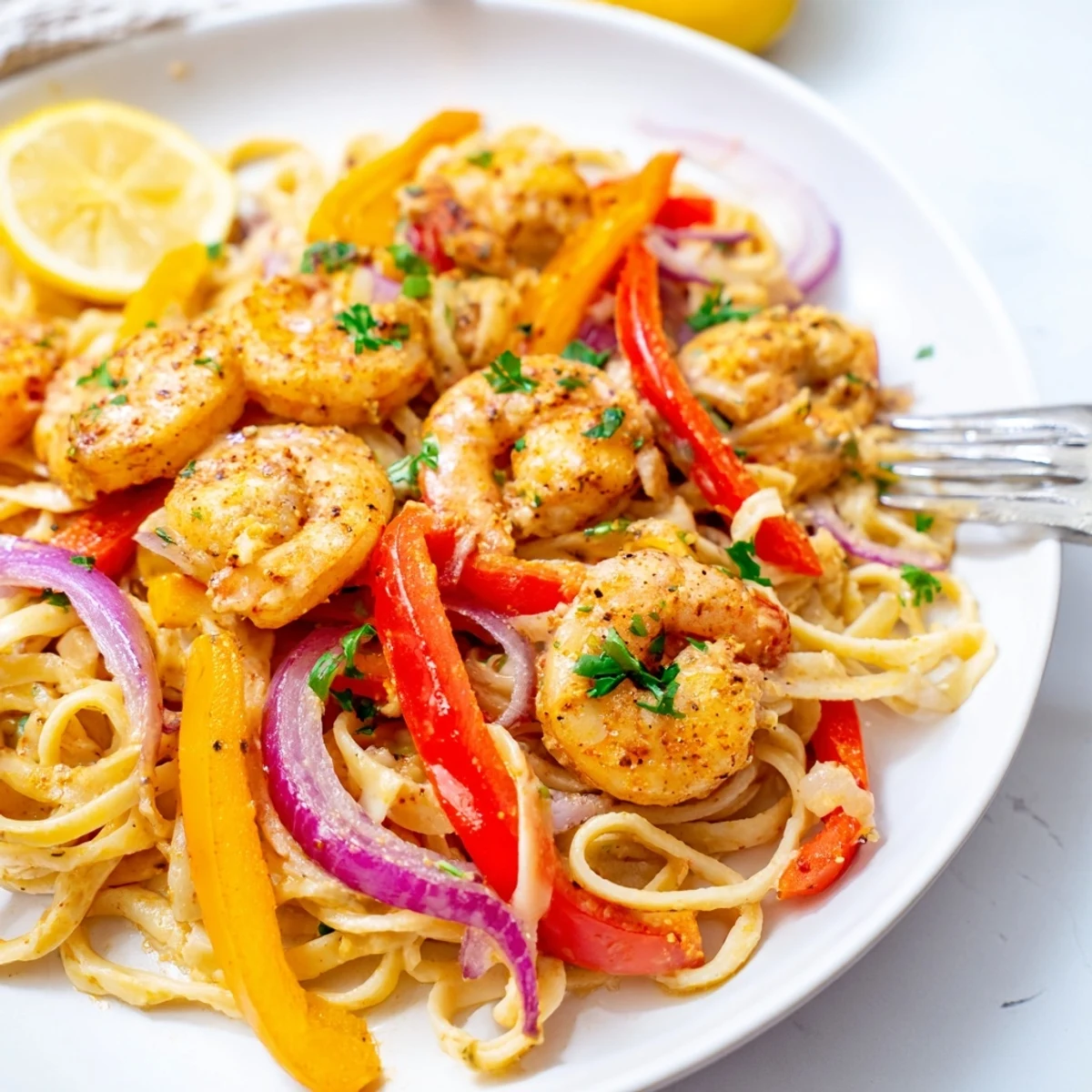 A close-up of Creamy Cajun Shrimp Pasta with Bell Peppers highlights saucy fettuccine, plump shrimp, and colorful sliced peppers.  