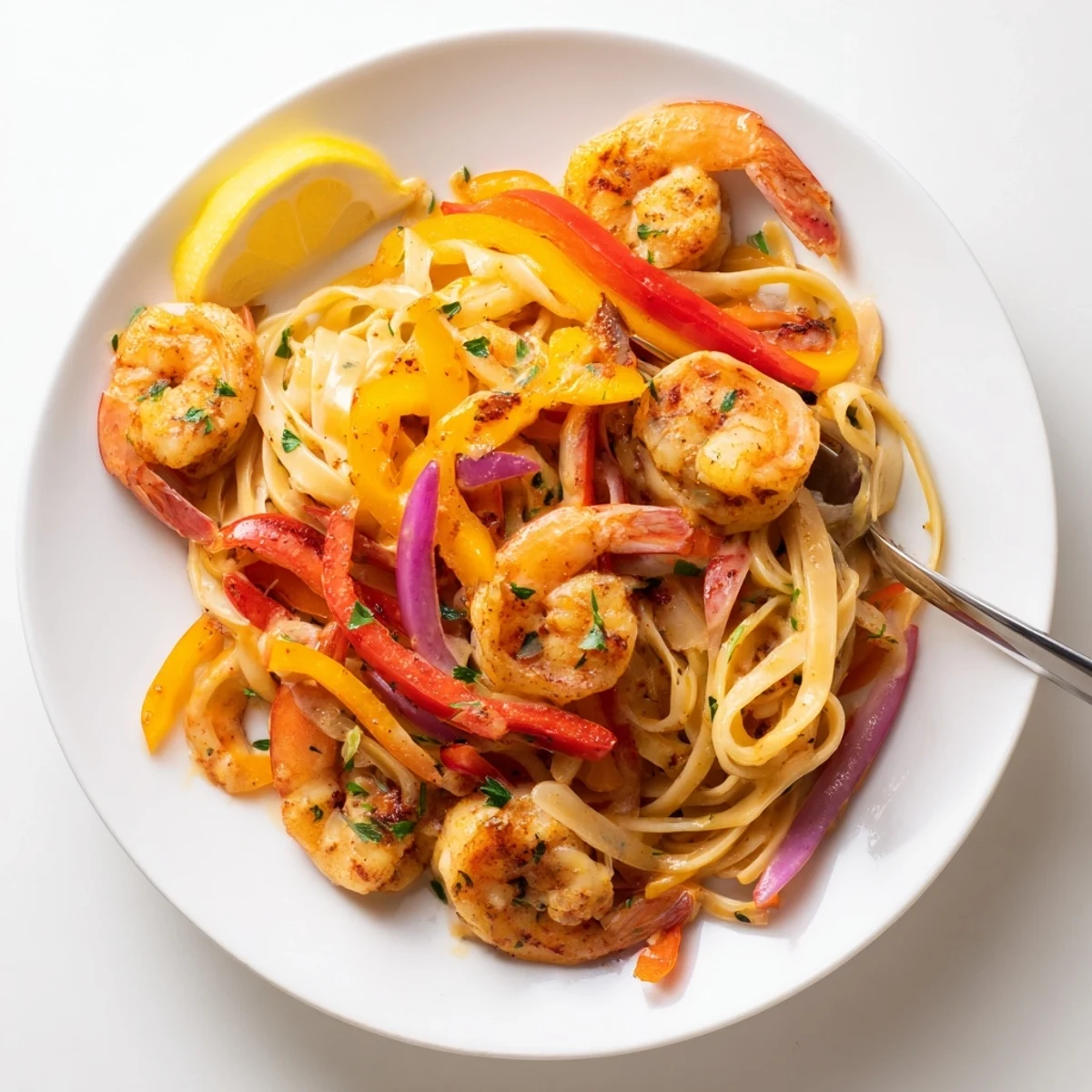 Creamy Cajun Shrimp Pasta with Bell Peppers is served in a skillet, garnished with fresh parsley and lemon wedges for brightness.  