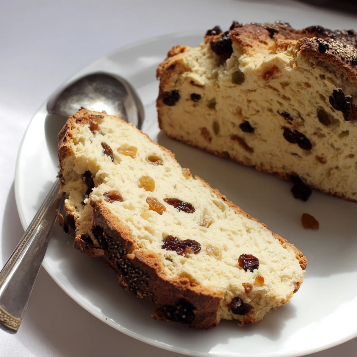 A golden-brown Irish Soda Bread with Currants and Caraway Seeds sits on a wooden board, sliced to show the tender, fluffy crumb studded with juicy currants.