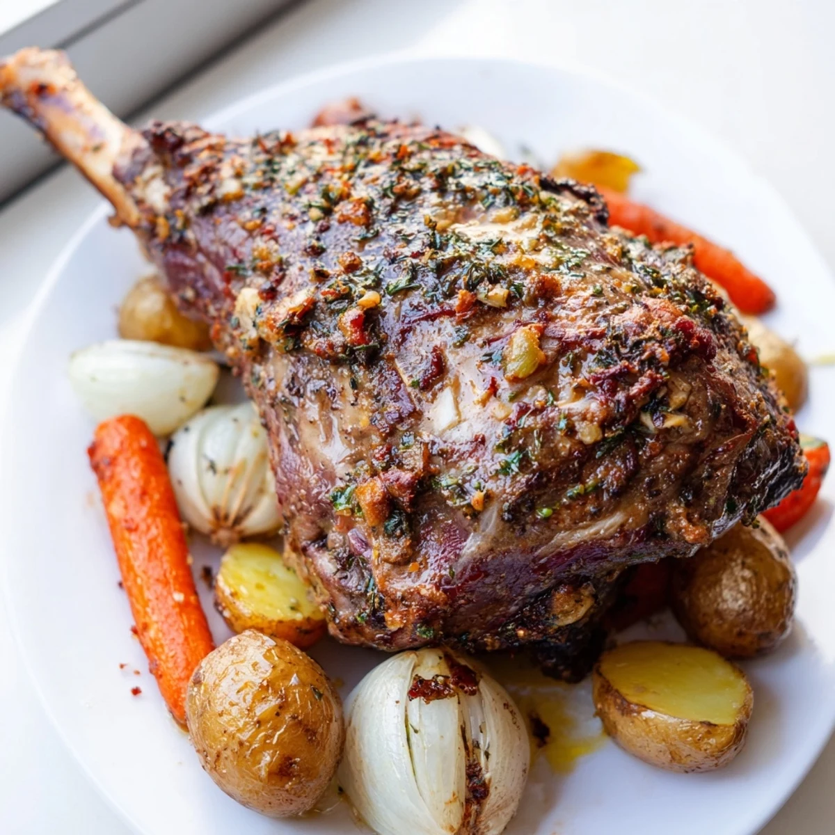 Golden-brown Slow Roasted Leg of Lamb with Lemon and Oregano rests beside tender roasted potatoes and carrots.