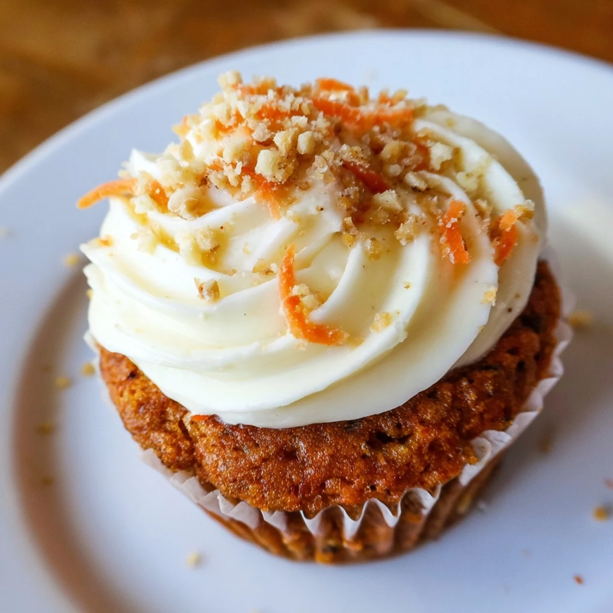 Fourteen freshly baked carrot cake cupcakes with cream cheese frosting sit on a wire rack, some topped with chopped walnuts for extra crunch.  