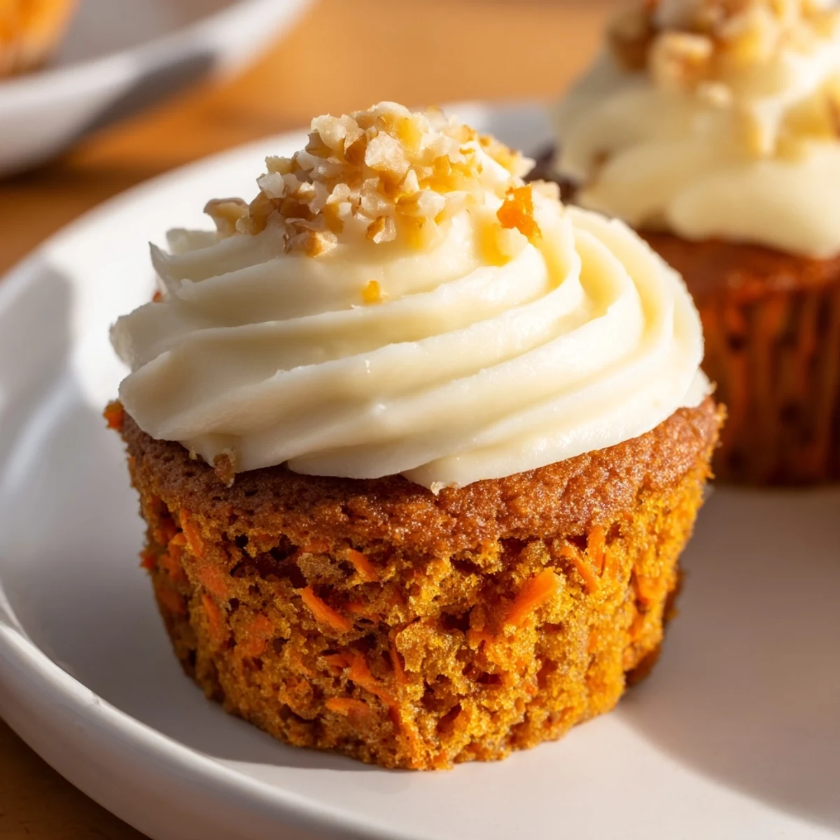 Close-up of moist, spiced carrot cake cupcakes with creamy white frosting, showcasing a tender crumb and vibrant orange flecks from grated carrots.  