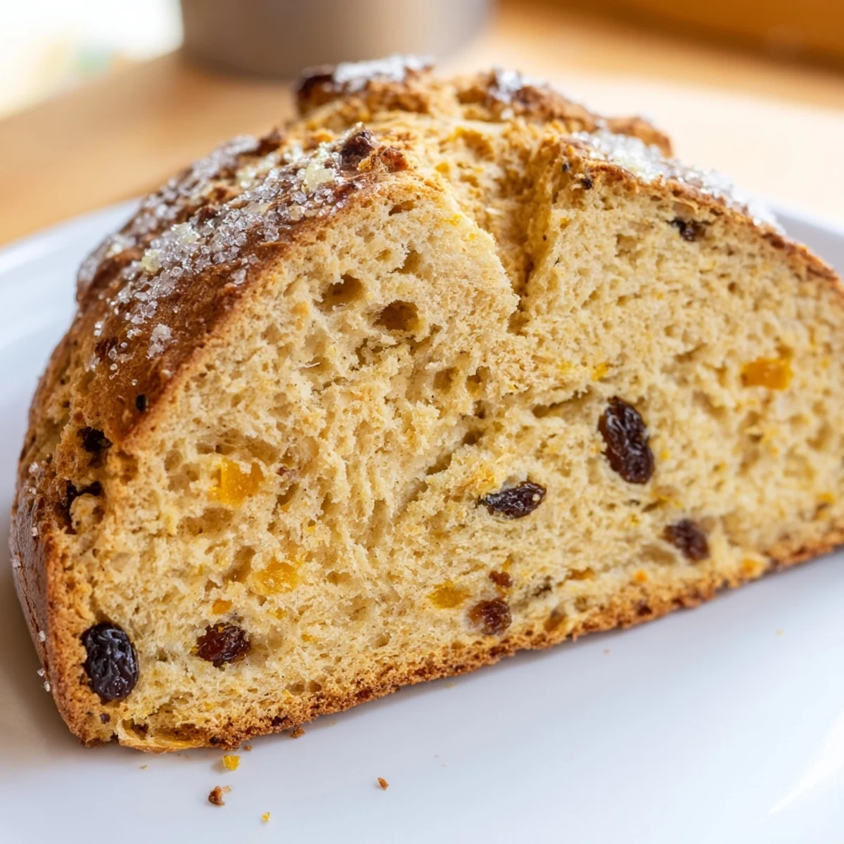 A rustic golden-brown Irish Soda Bread with Raisins and Orange Zest, sliced to show the tender crumb flecked with plump fruit.  