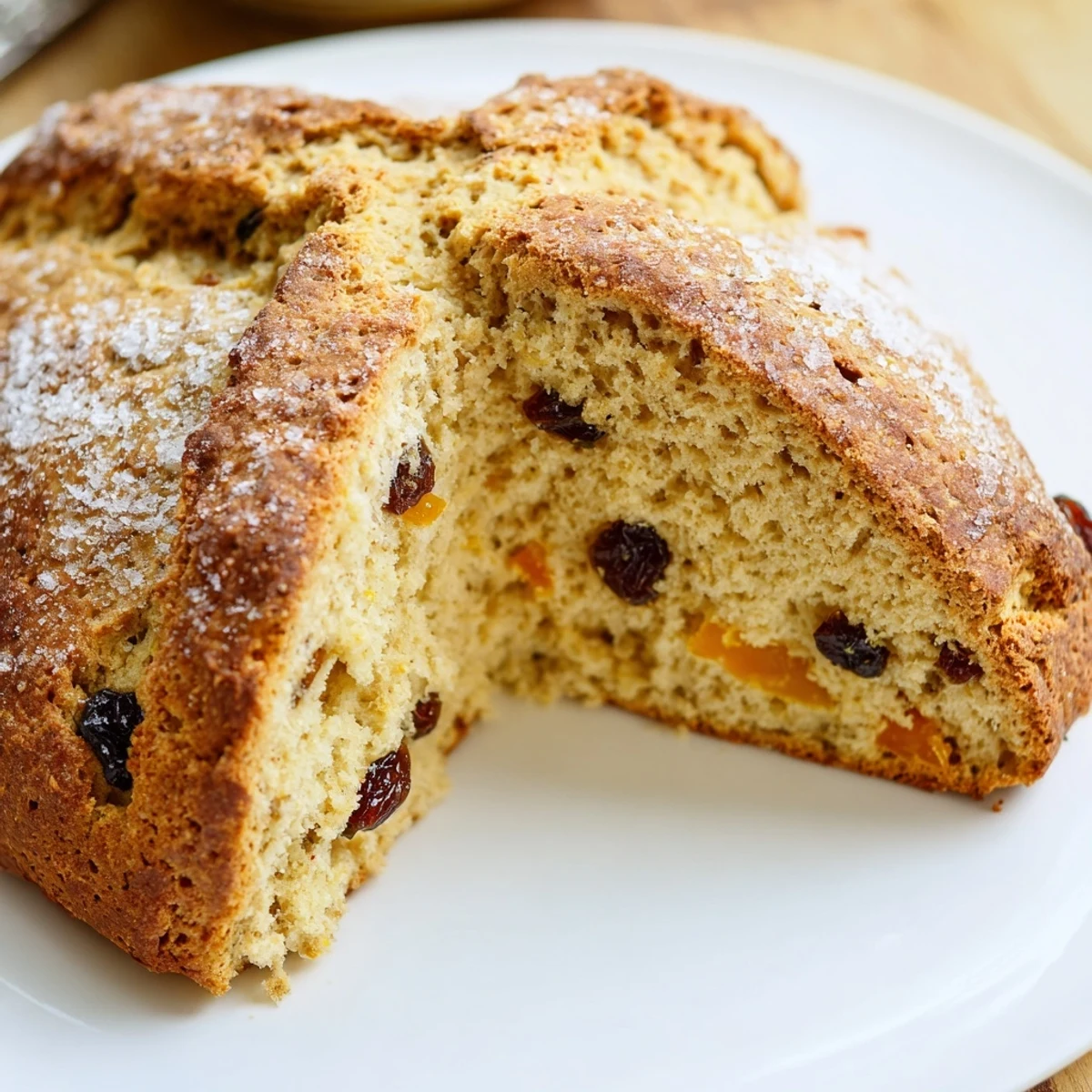 Freshly baked Irish Soda Bread with Raisins and Orange Zest on a wooden board, with a butter knife and jar of marmalade beside it.  