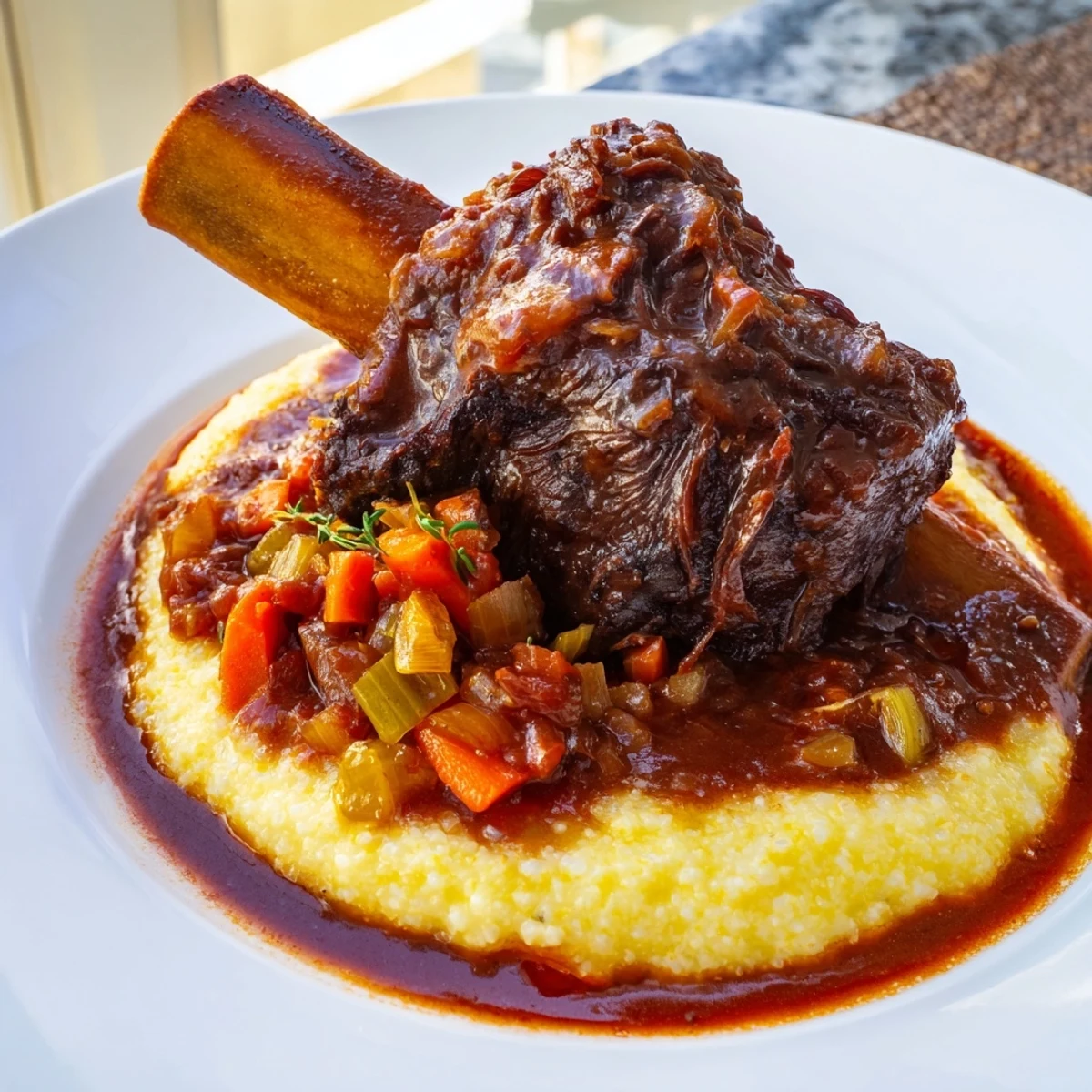 Fall-apart tender short ribs braised in red wine sauce, served over creamy, buttery polenta for cozy comfort.  