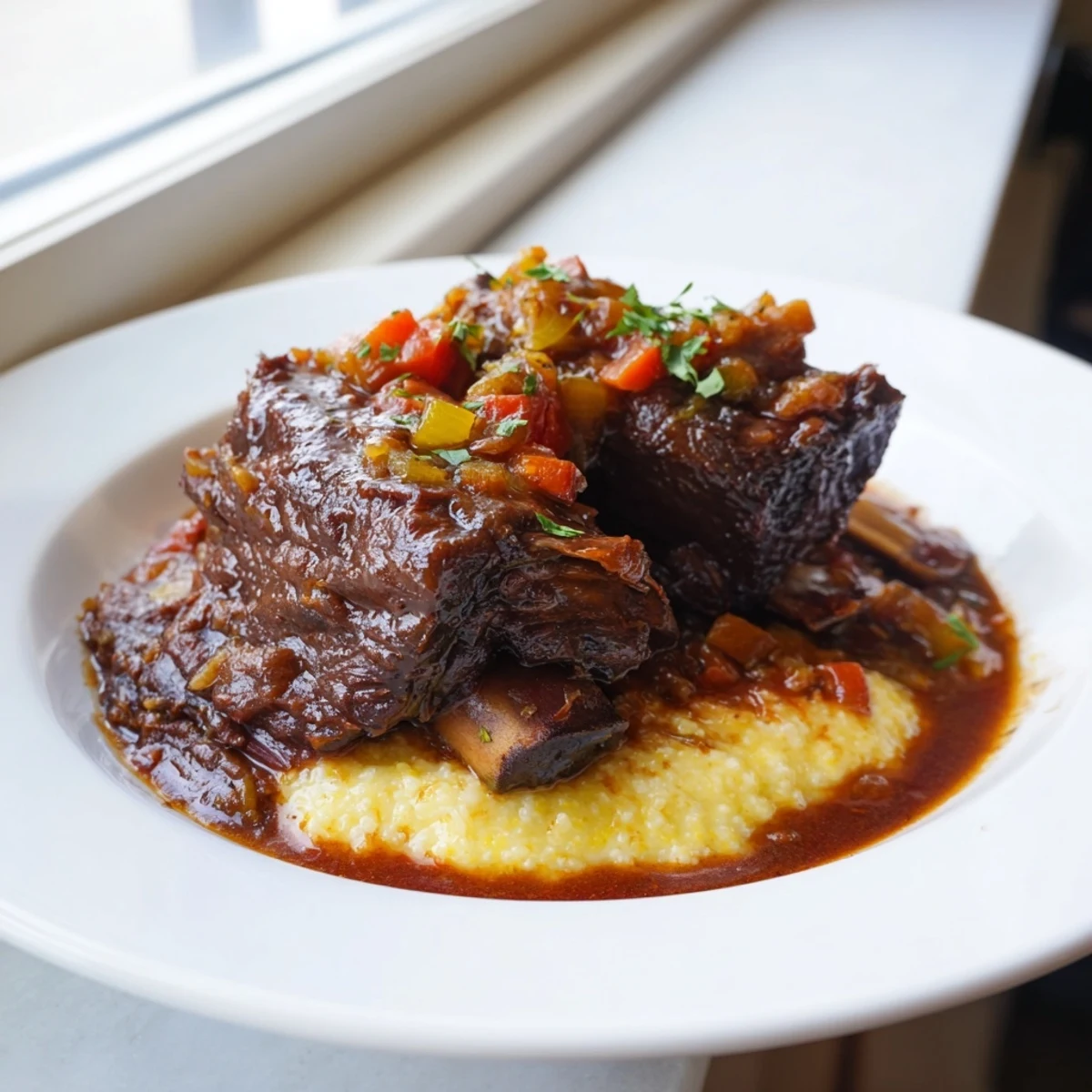 A close-up of richly glazed short ribs atop velvety polenta, garnished with fresh thyme and rosemary.  