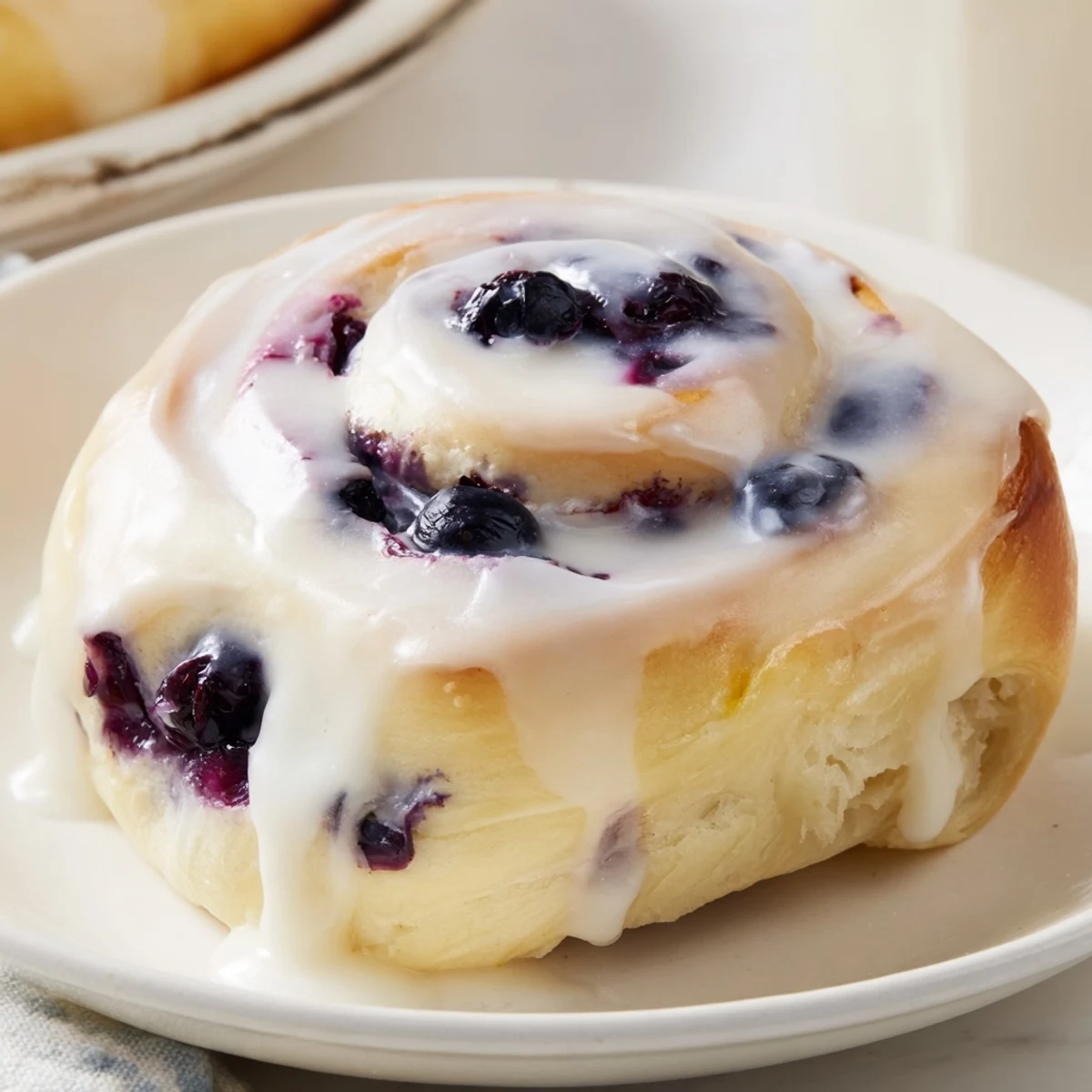 Warm Lemon Blueberry Sweet Rolls with vanilla icing, arranged fresh from the oven on a rustic wooden table.  