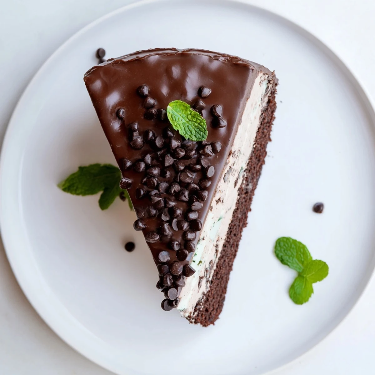 Cool slice of Mint Chocolate Chip Ice Cream Cake reveals smooth minty ice cream and chocolate cake layers with a glossy ganache drip.