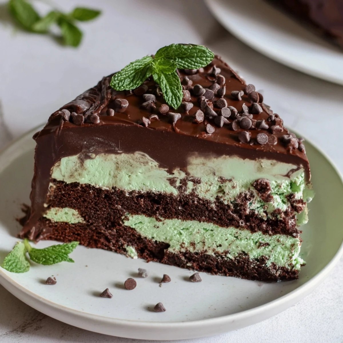 Decadent Mint Chocolate Chip Ice Cream Cake is crowned with fresh mint and mini chocolate chips, ready to serve chilled.