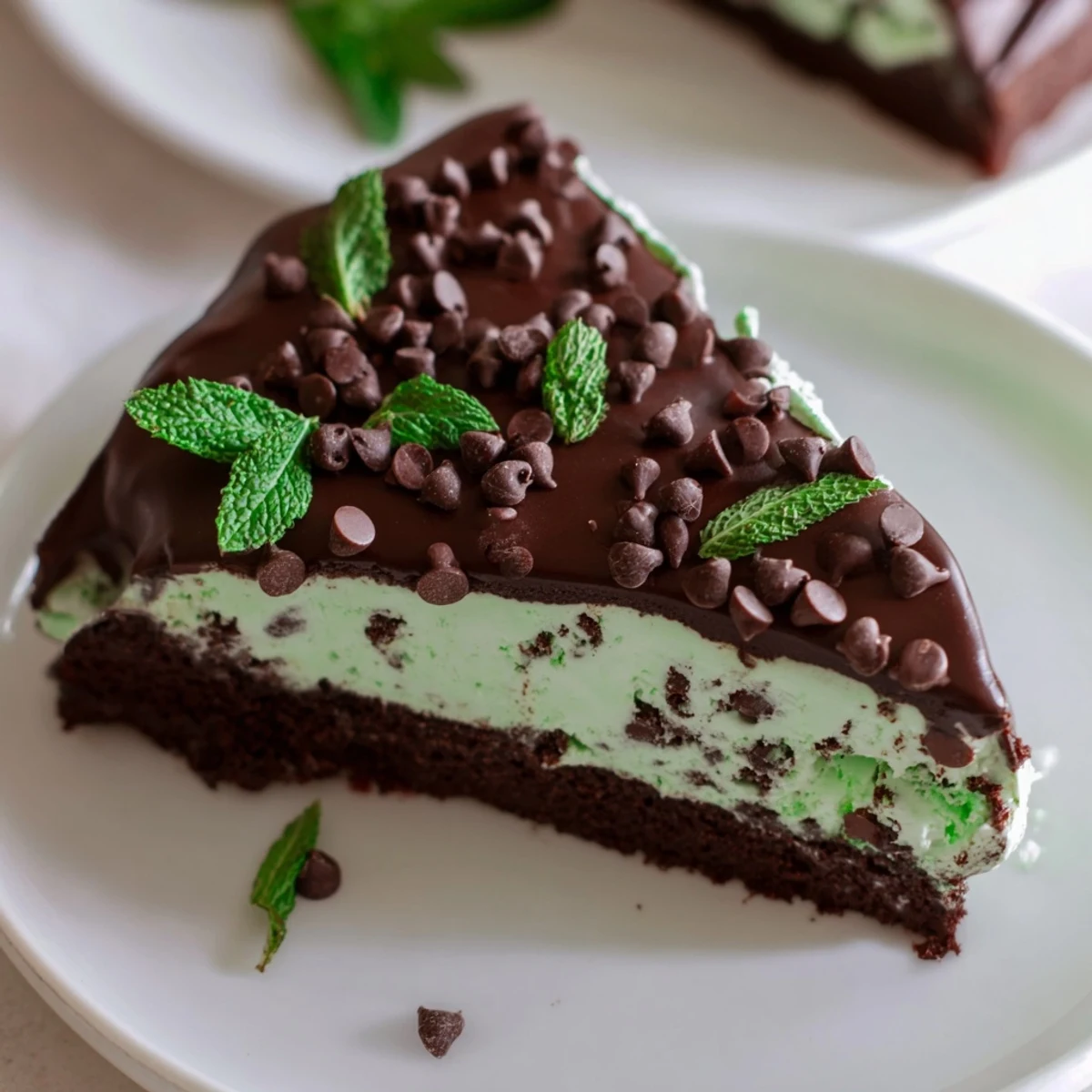 Thick layers of chocolate cake and mint chocolate chip ice cream create a refreshing dessert slice beneath a rich ganache topping.