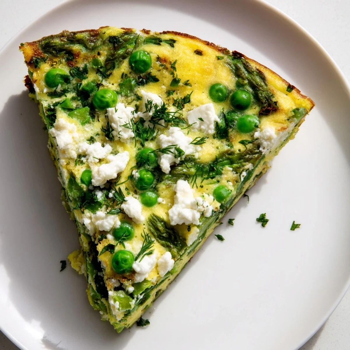 A slice of Spring Vegetable Frittata with Goat Cheese and Herbs shows creamy goat cheese crumbles and fresh herbs, served warm with a side salad.