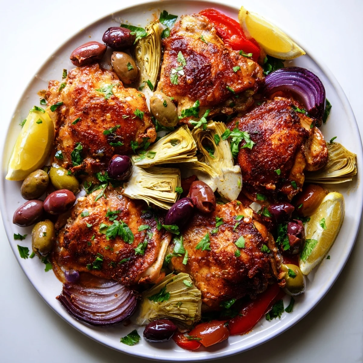 Golden roasted Sheet Pan Chicken with Artichokes and Olives, served hot from the oven with lemon slices and crusty bread on the side.
