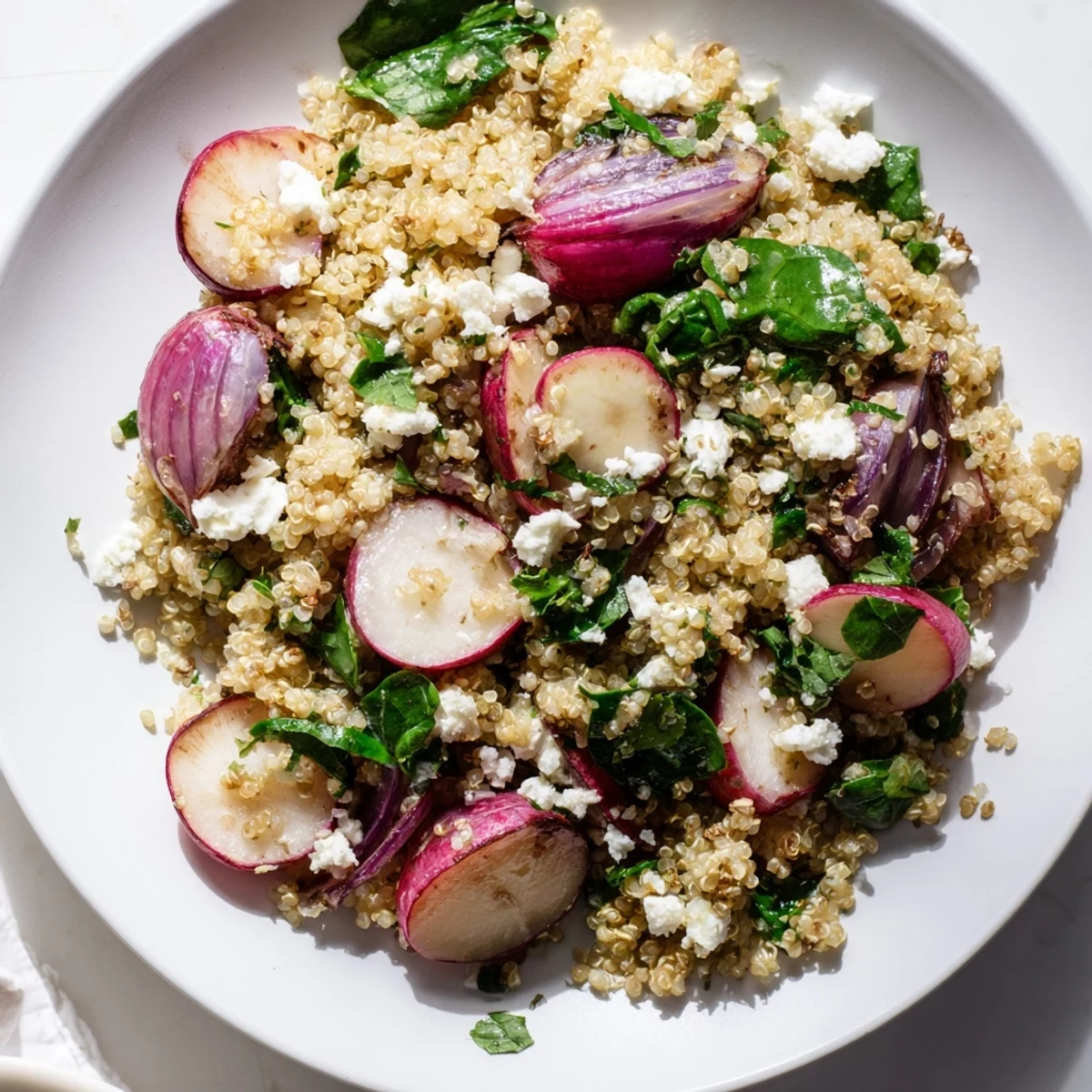 Warm Quinoa Salad with Roasted Radishes and Feta featuring vibrant red vegetables on fluffy grains