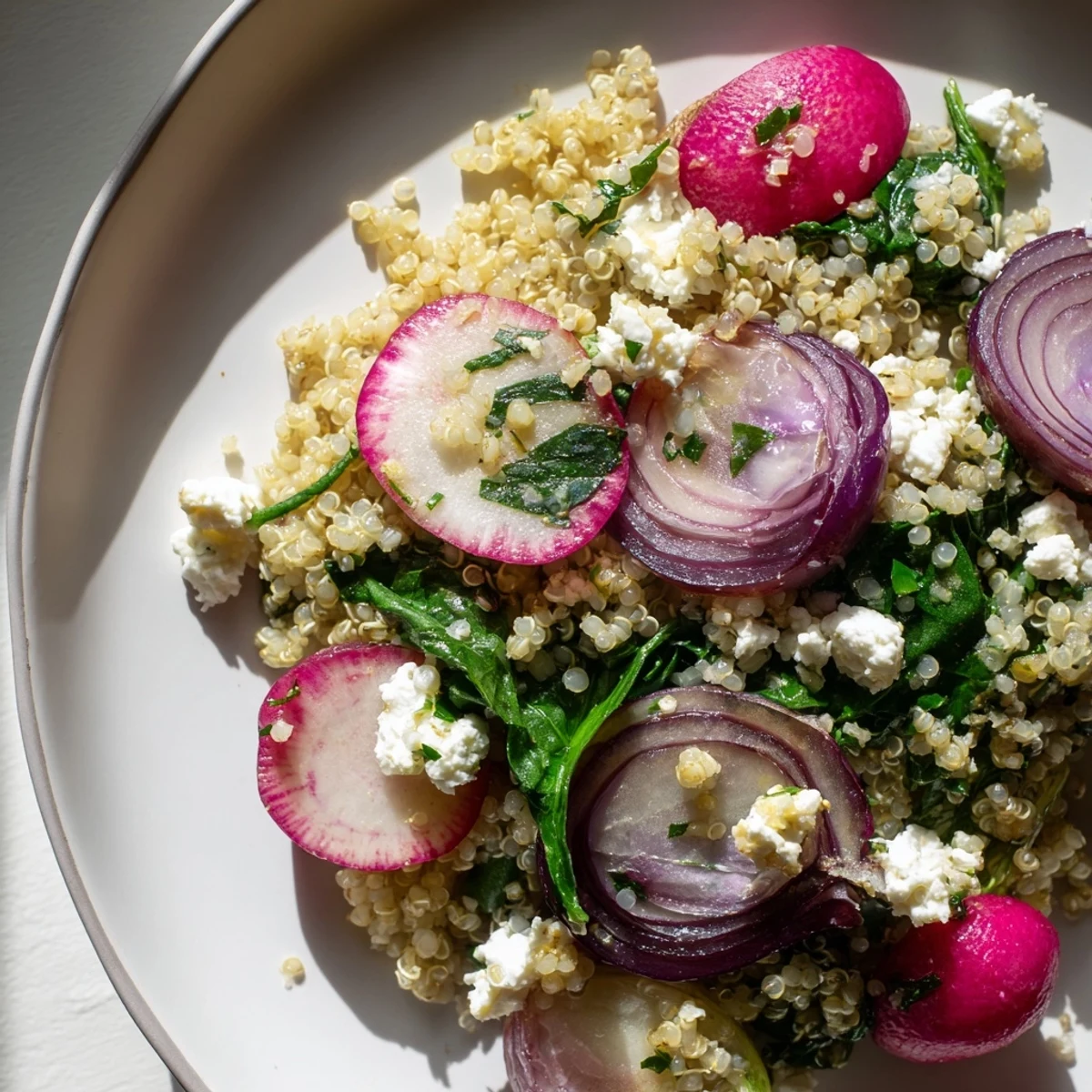 This Warm Quinoa Salad with Roasted Radishes and Feta shows creamy feta crumbles over tender quinoa