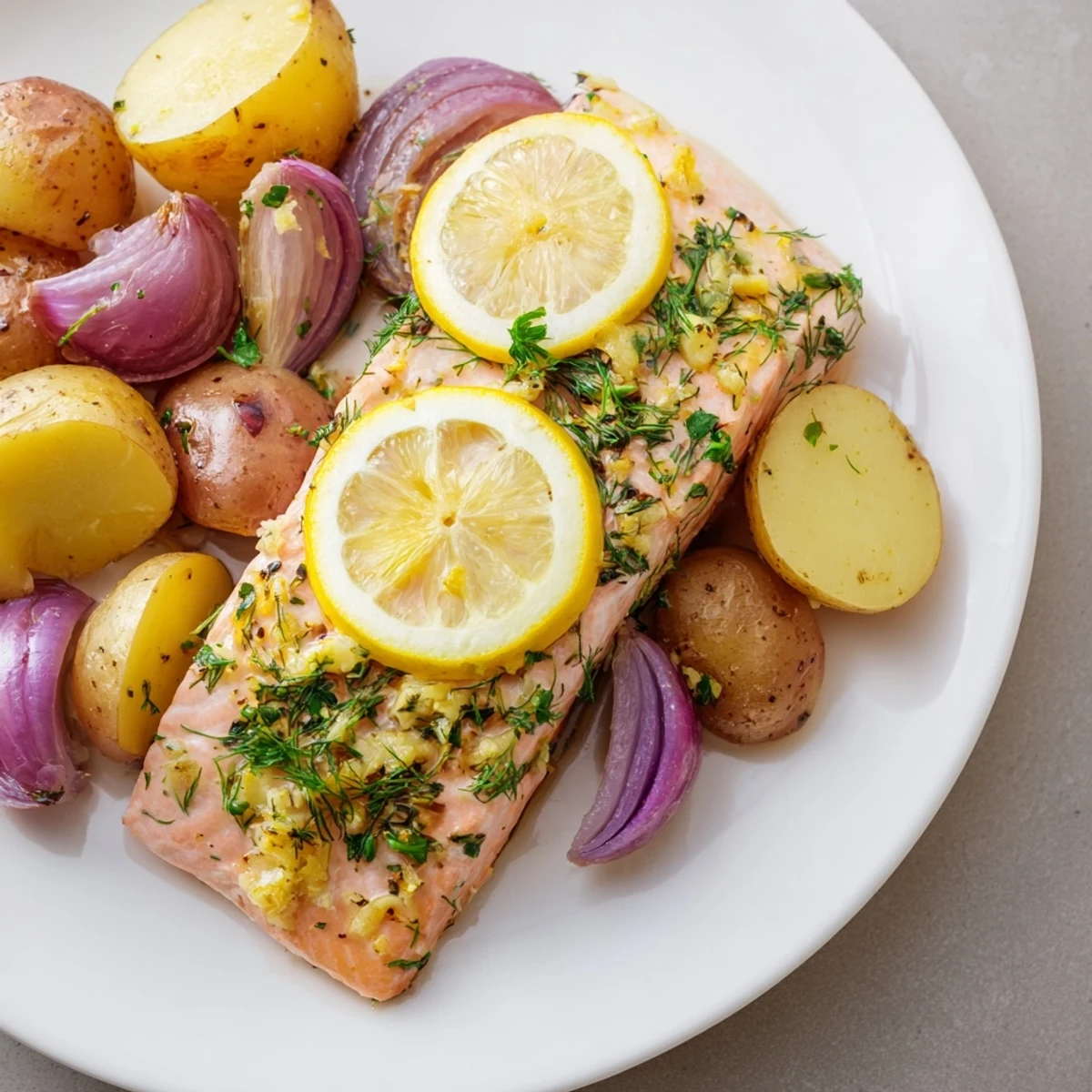 Colorful Sheet Pan Lemon Herb Salmon dinner, featuring vibrant roasted potatoes and flaky fish on a rustic serving platter.