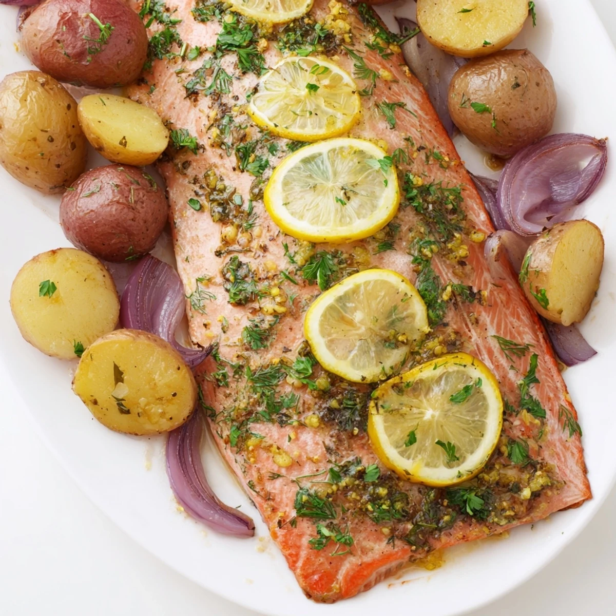 Freshly baked Sheet Pan Lemon Herb Salmon with golden potatoes and caramelized onions, ready to serve for a healthy meal.