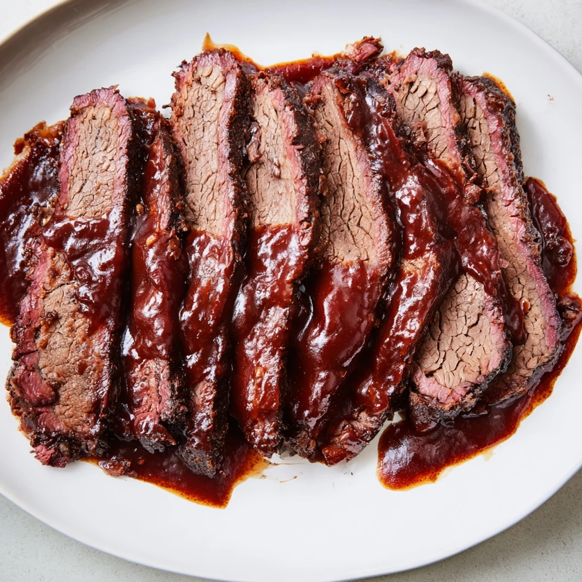Fall-apart tender Slow Cooked Beef Brisket with Smoky BBQ Sauce, garnished with fresh parsley on a slate platter.