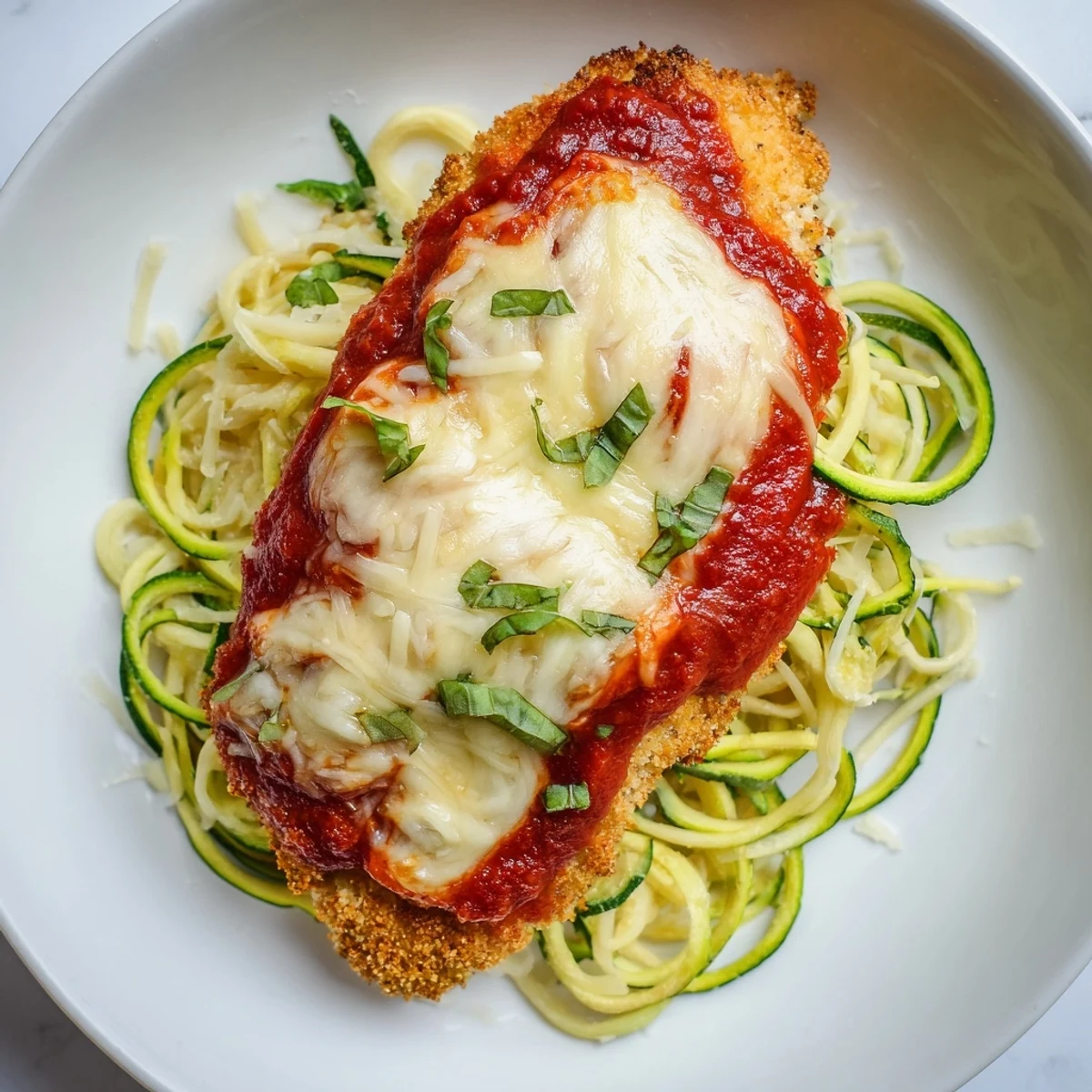 Golden-baked breaded chicken breasts topped with melted mozzarella and marinara, served over fresh zucchini noodles for a low-carb Italian meal.