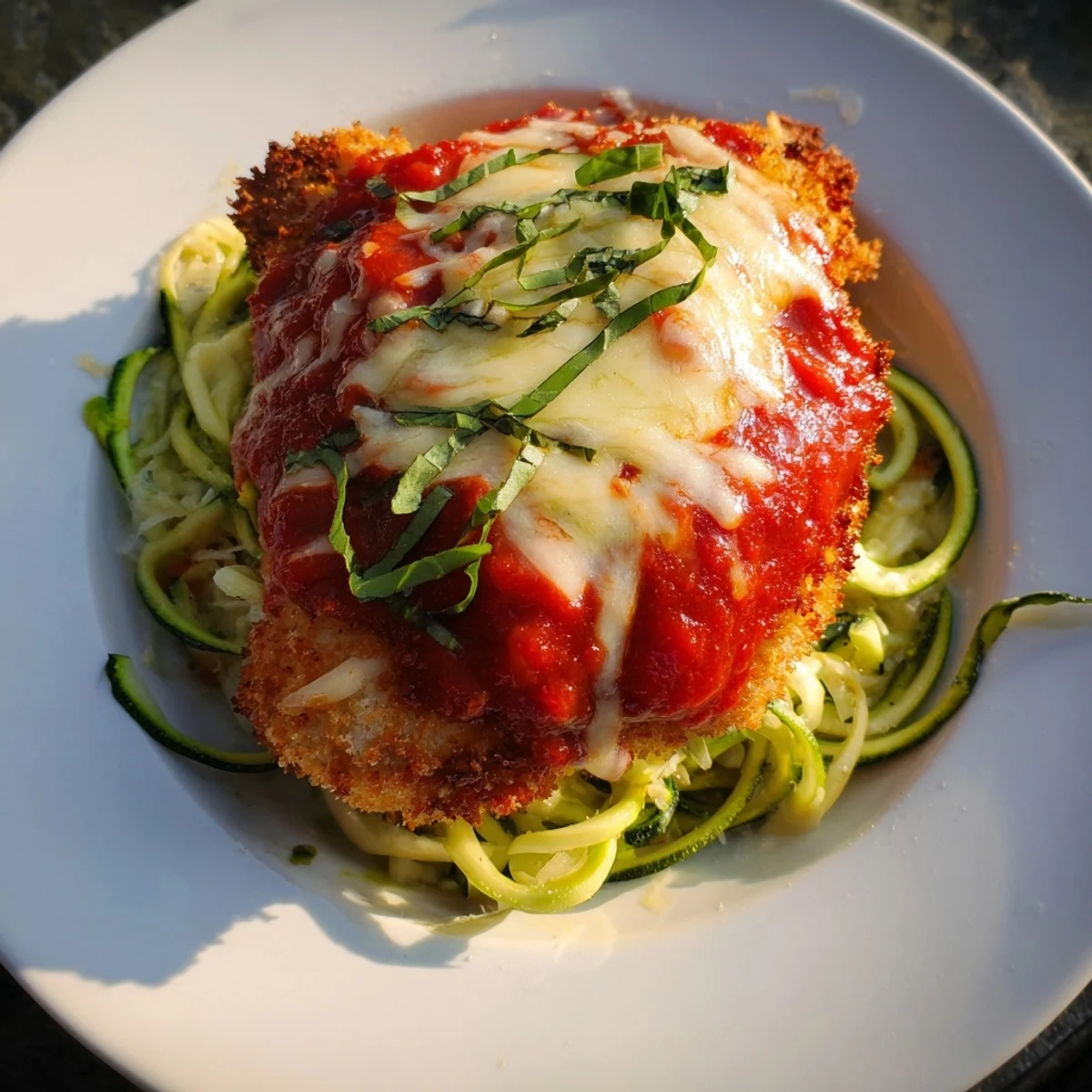 Freshly spiralized zucchini noodles sautéed with garlic, topped with oven-baked Chicken Parmesan and a bright garnish of chopped basil.