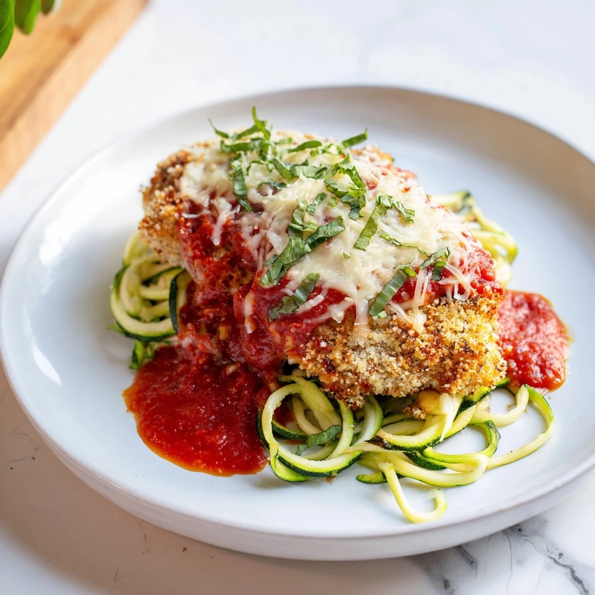 Overhead view of saucy, cheesy Chicken Parmesan on a bed of green zucchini noodles, ready for a healthy weeknight dinner.