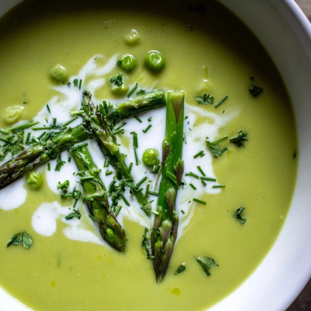 Creamy roasted asparagus and pea soup paired with crusty bread on a bright spring table.