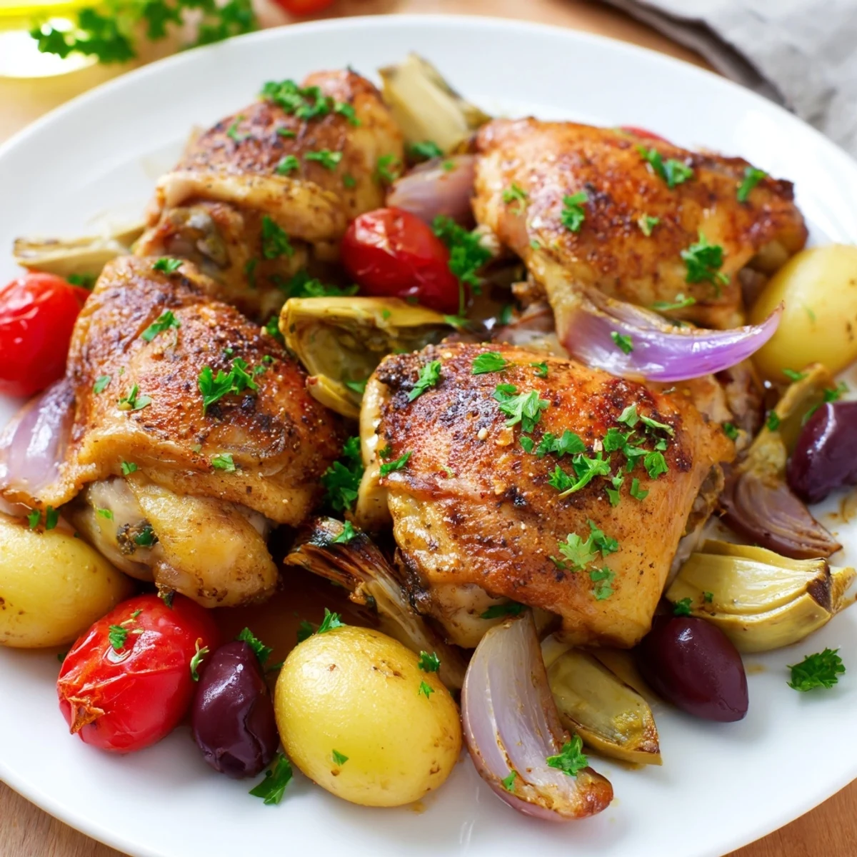Juicy Sheet Pan Lemon Herb Chicken with Artichokes is garnished with parsley, ready to serve with lemon wedges.