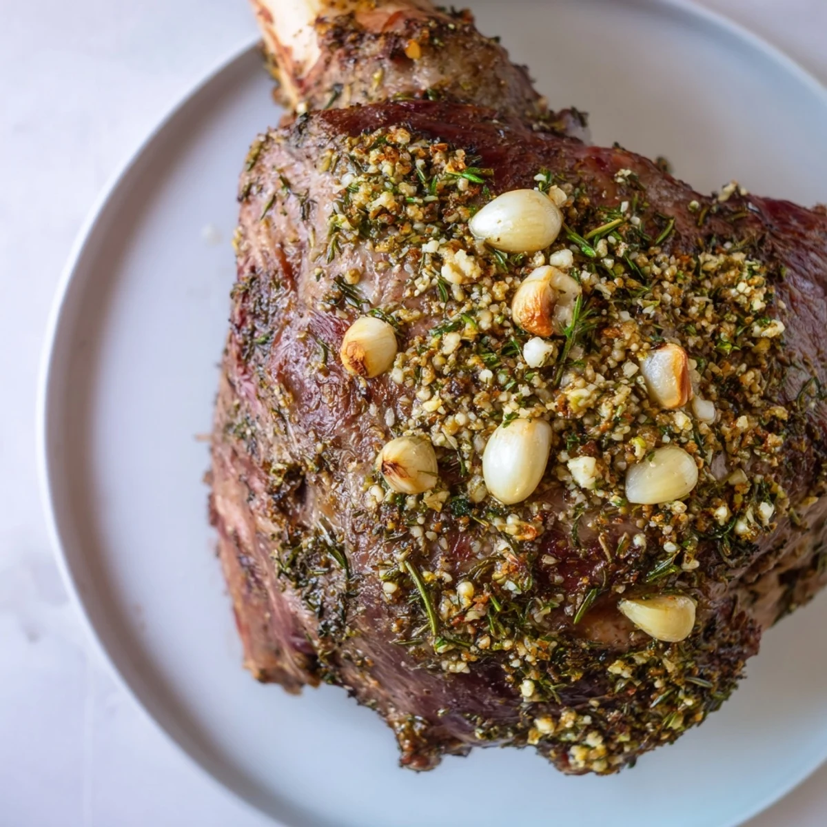 Succulent slow roasted leg of lamb with garlic and rosemary carved on a board, paired with roasted root vegetables.