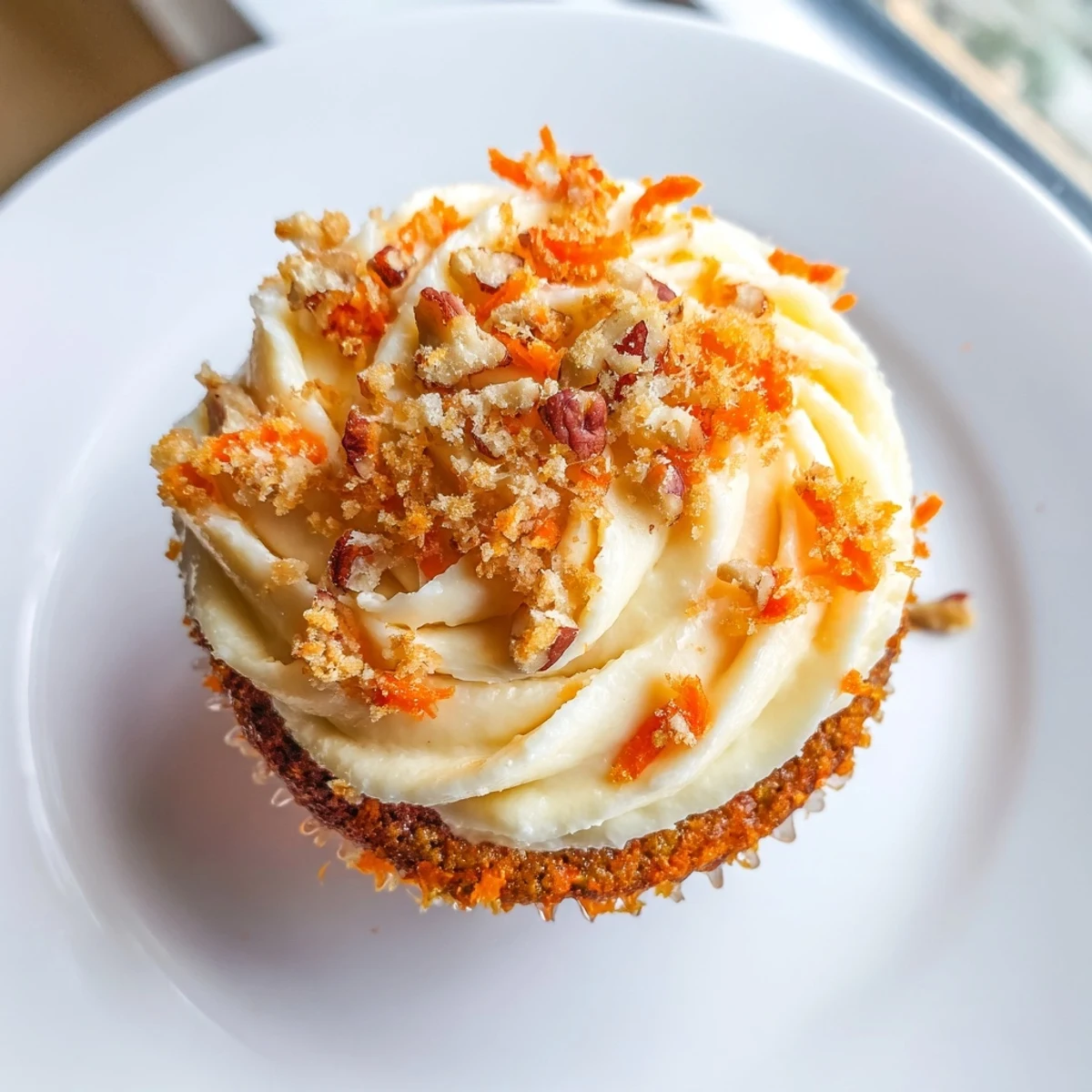 Freshly baked Carrot Cake Cupcakes with cream cheese frosting sit on a cooling rack, showcasing moist, spiced crumbs topped with swirls of rich frosting.