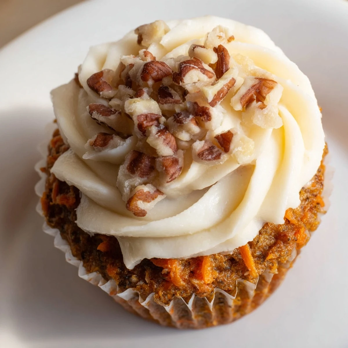 A close-up view of a Carrot Cake Cupcake reveals tender, shredded carrots and warm spices beneath a generous layer of creamy, tangy frosting.