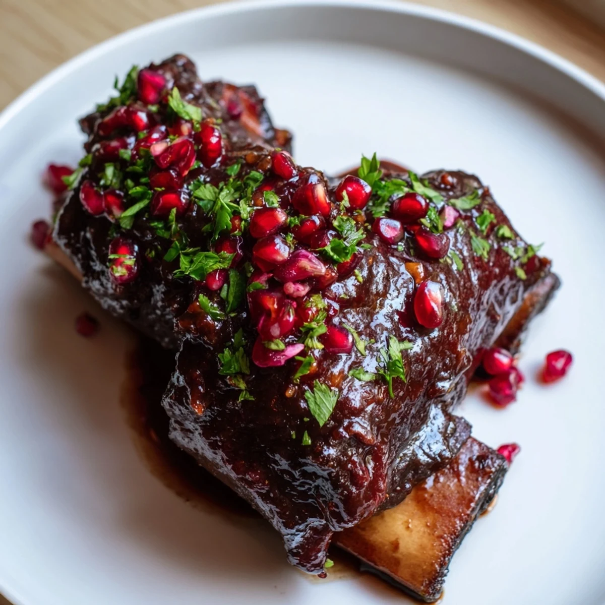 Rich, saucy beef short ribs topped with jewel-like pomegranate seeds, ready to serve as a main dish.