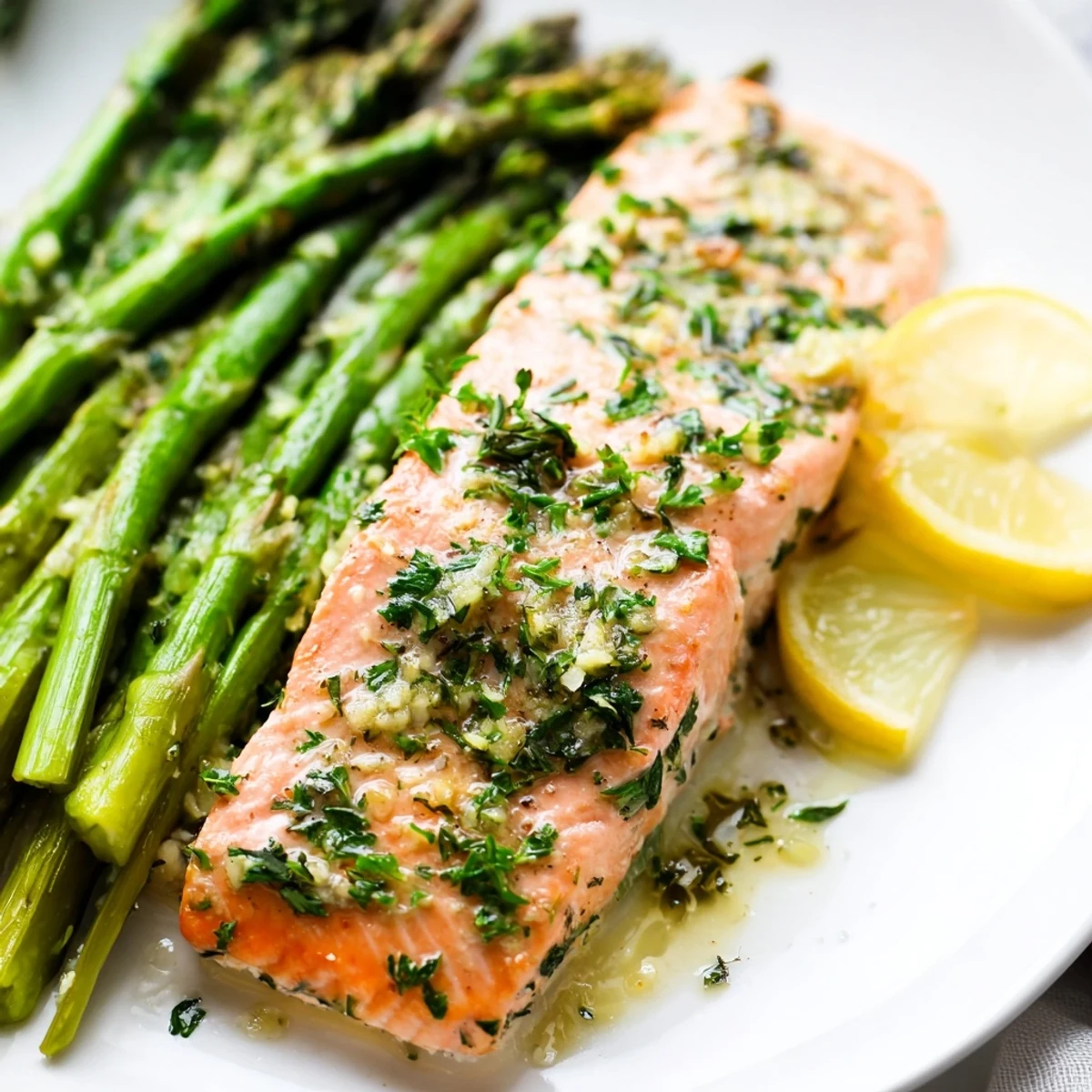 Flaky salmon fillets and roasted asparagus with lemon wedges and herbs on a sheet pan for Sheet Pan Lemon Herb Salmon with Roasted Asparagus.