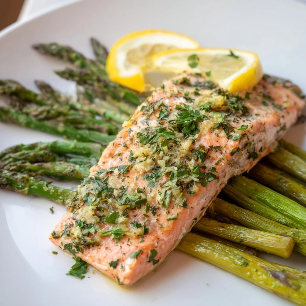 A close-up of golden-baked Sheet Pan Lemon Herb Salmon with Roasted Asparagus, glistening with olive oil and fresh thyme.