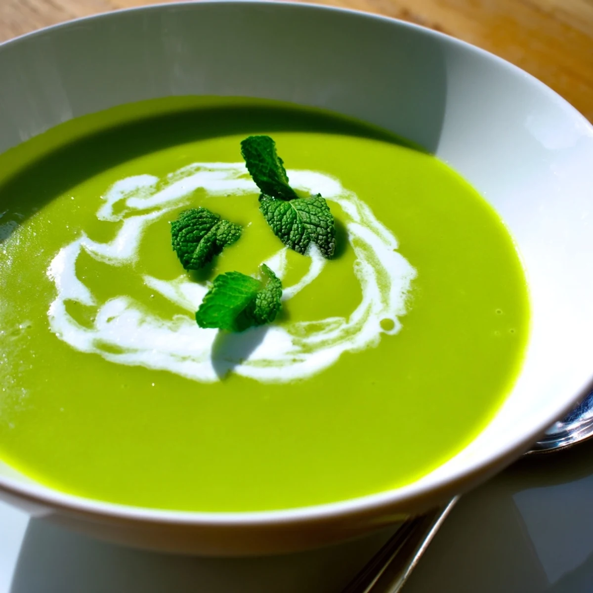 Creamy Spring Pea and Mint Soup with Crème Fraîche swirled in a rustic ceramic bowl.