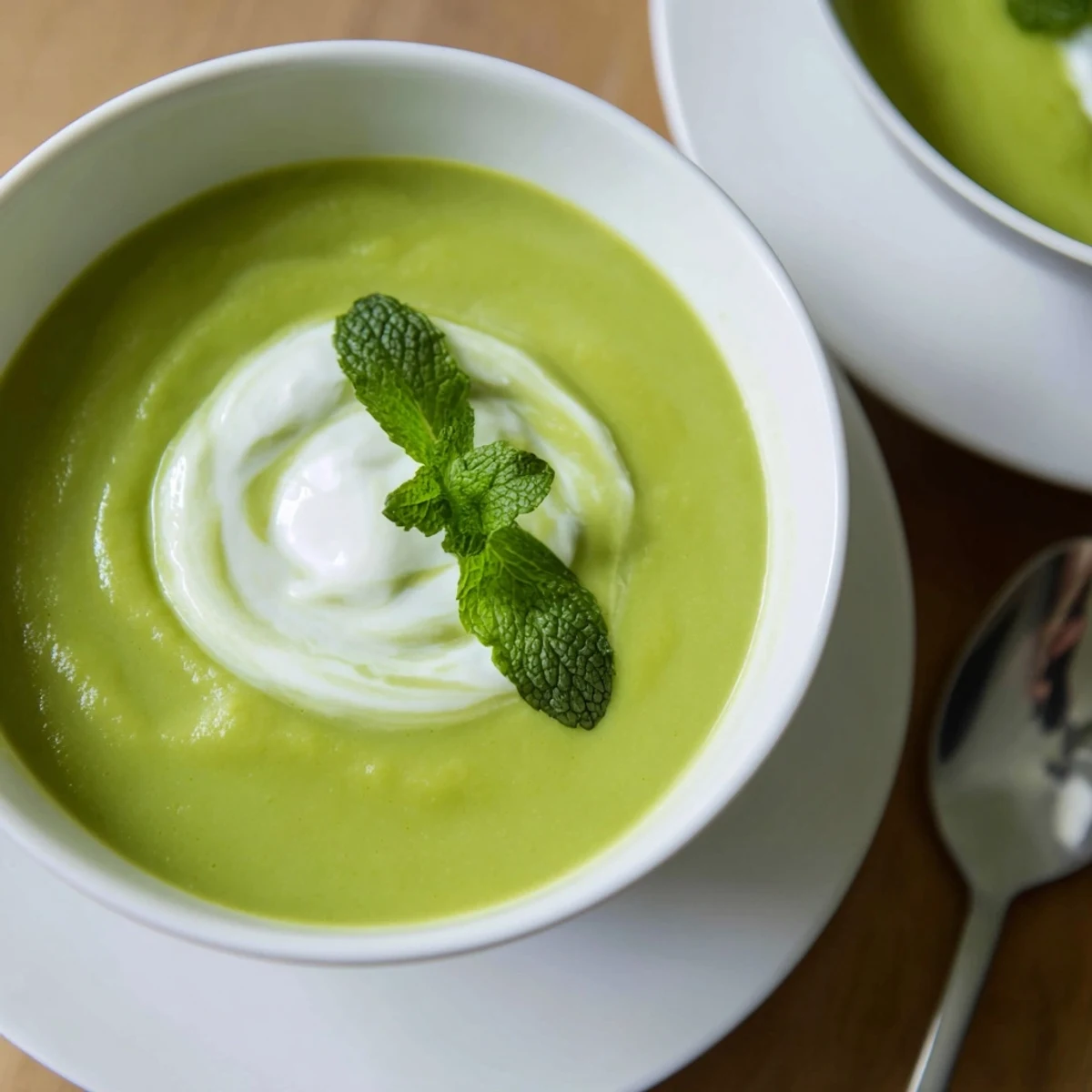 A bowl of Creamy Spring Pea and Mint Soup with Crème Fraîche garnished with fresh mint.