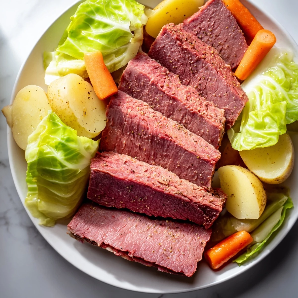 A hearty serving of Slow Cooked Corned Beef Brisket with Cabbage Wedges paired with tender carrots and potatoes.