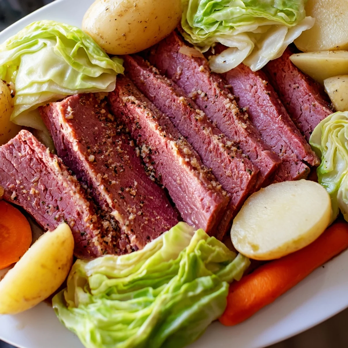 A close-up of Slow Cooked Corned Beef Brisket with Cabbage Wedges glistening with savory juices on a rustic plate.