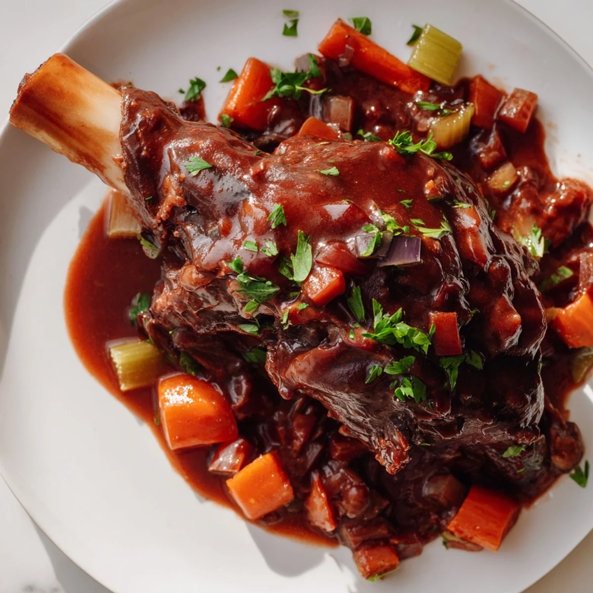 Golden-brown Braised Lamb Shanks with Red Wine Reduction, glistening with a rich, dark sauce served over creamy mashed potatoes.