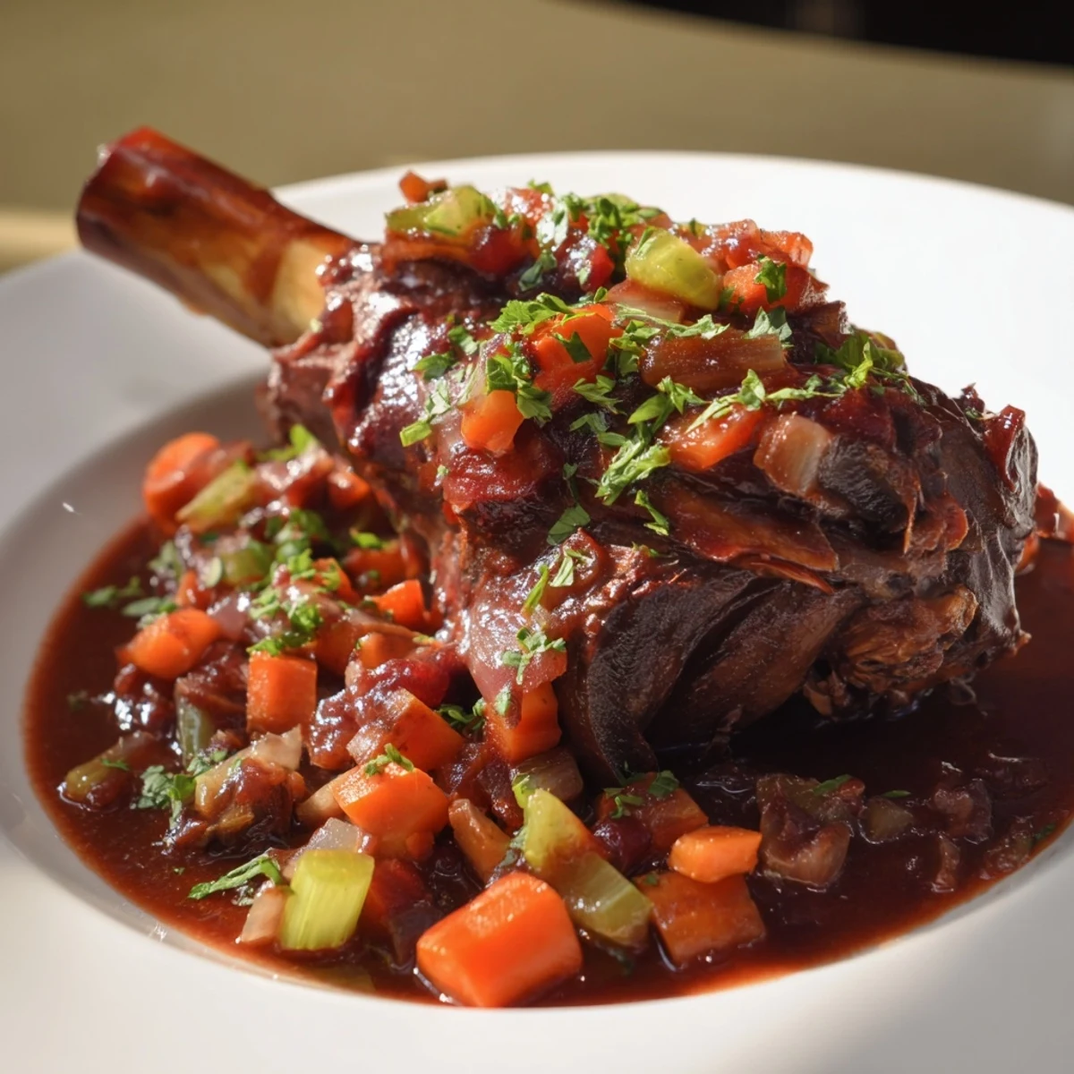 Tender Braised Lamb Shanks with Red Wine Reduction resting in a rustic Dutch oven, surrounded by aromatic vegetables and fresh herbs.