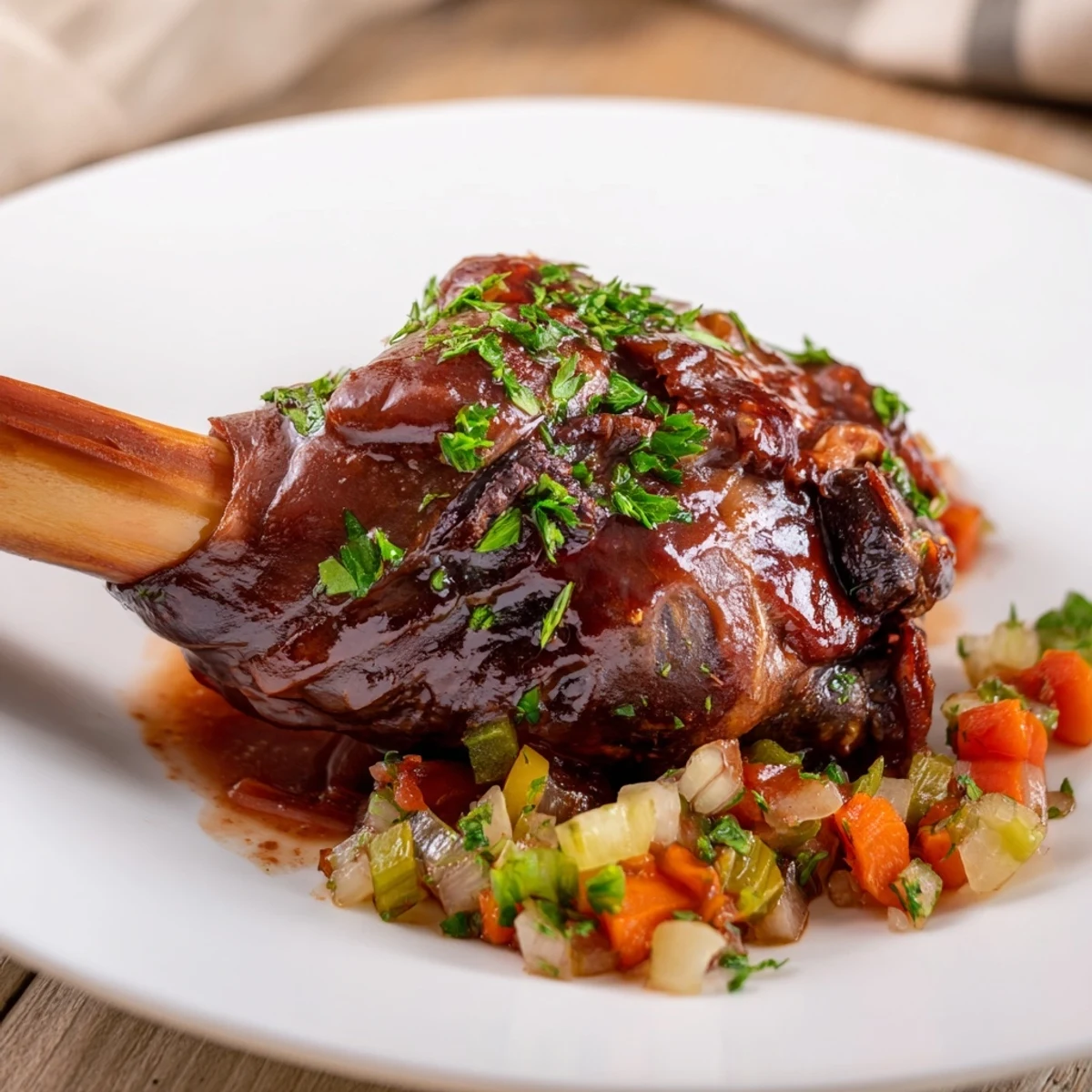 A close-up of Braised Lamb Shanks with Red Wine Reduction, featuring succulent meat falling off the bone on a elegant plate.