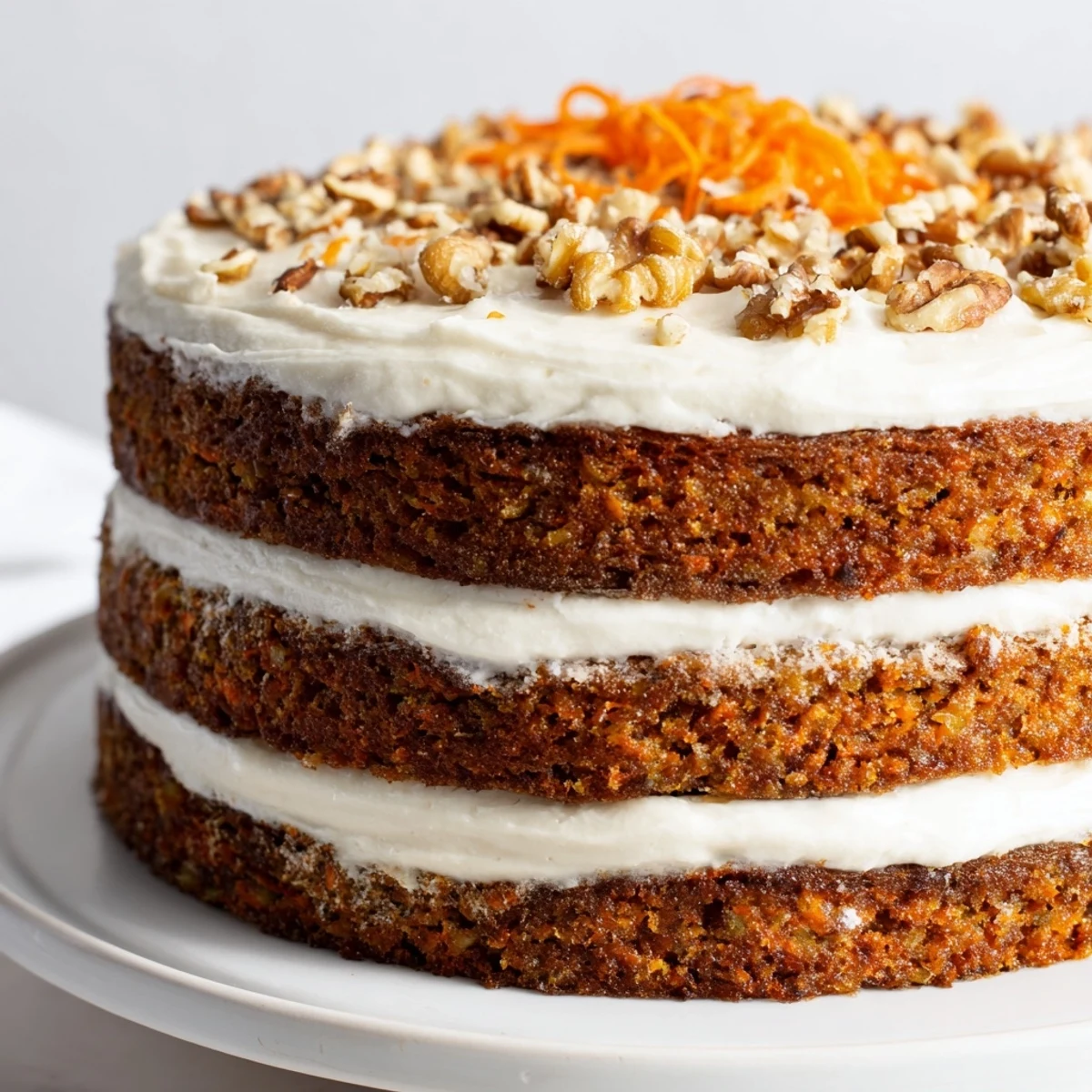 A slice of Carrot Cake Layer Cake with Cream Cheese Frosting shows moist crumbs and a tangy sweet topping.