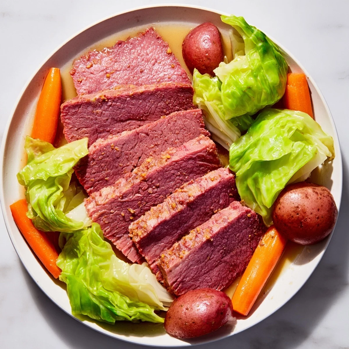 A hearty Slow Cooked Corned Beef Brisket with Cabbage Wedges steaming on a plate for a comforting family dinner.