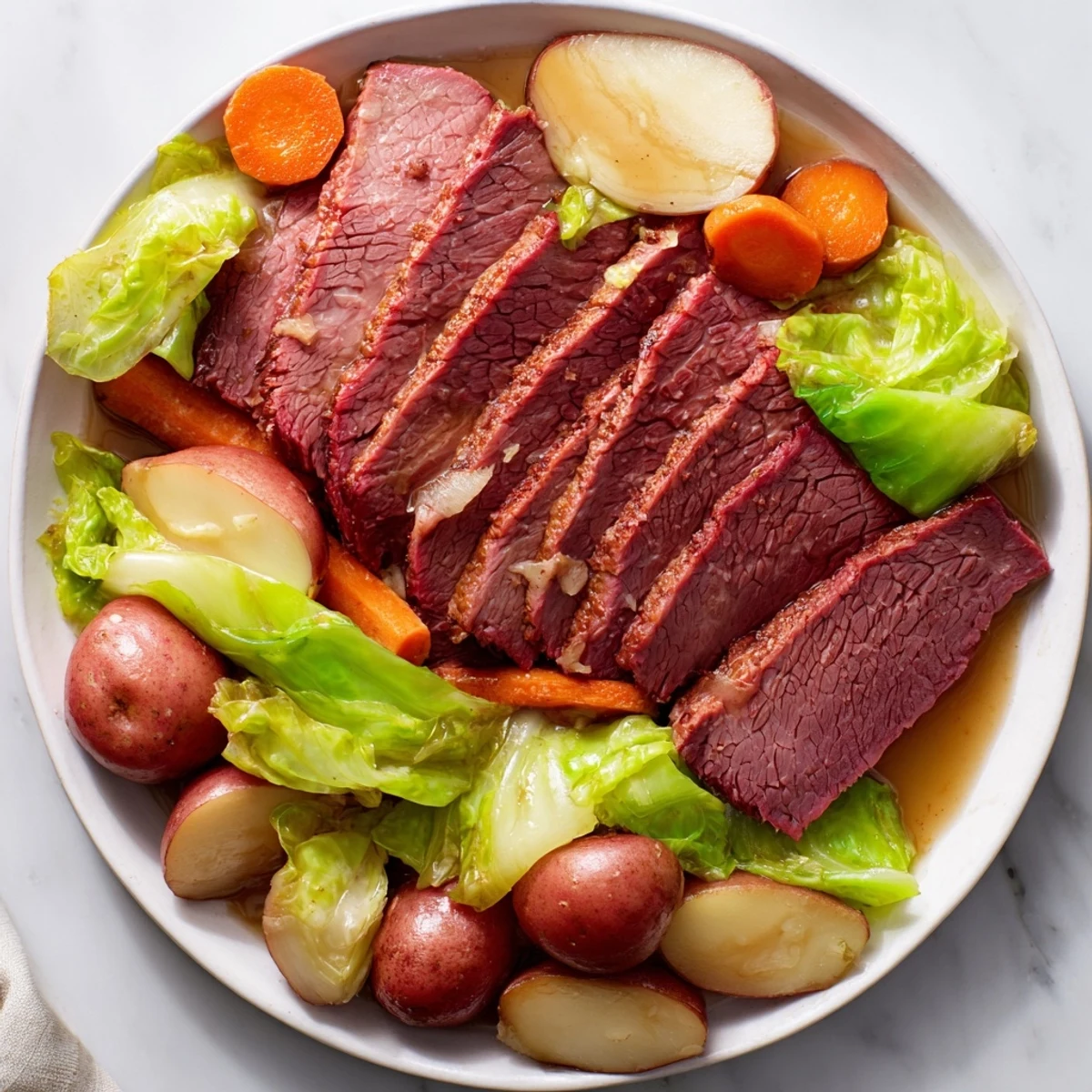 Fork-tender Slow Cooked Corned Beef Brisket with Cabbage Wedges served on a rustic platter alongside carrots and potatoes.