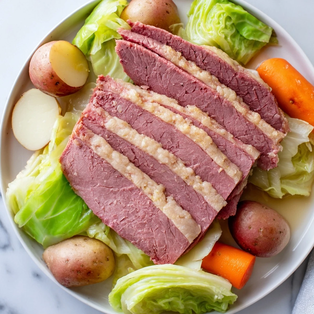 Golden Slow Cooked Corned Beef Brisket with Cabbage Wedges surrounded by tender vegetables in rich, savory broth.