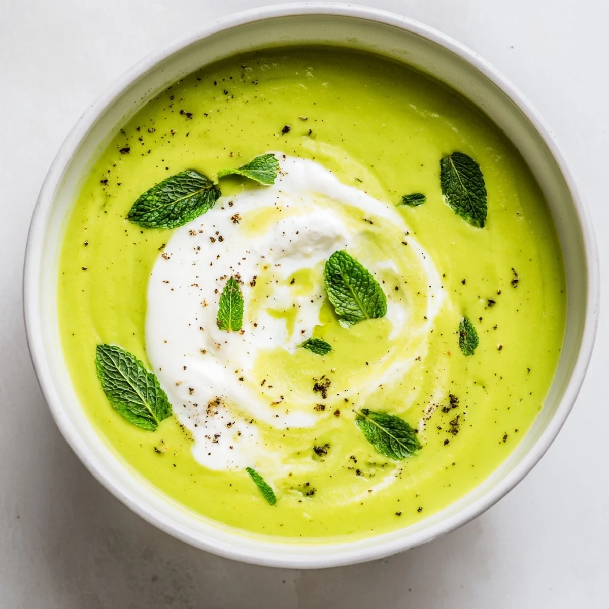 Creamy Spring Pea and Mint Soup with Crème Fraîche served warm in a rustic bowl with a swirl of tangy garnish.