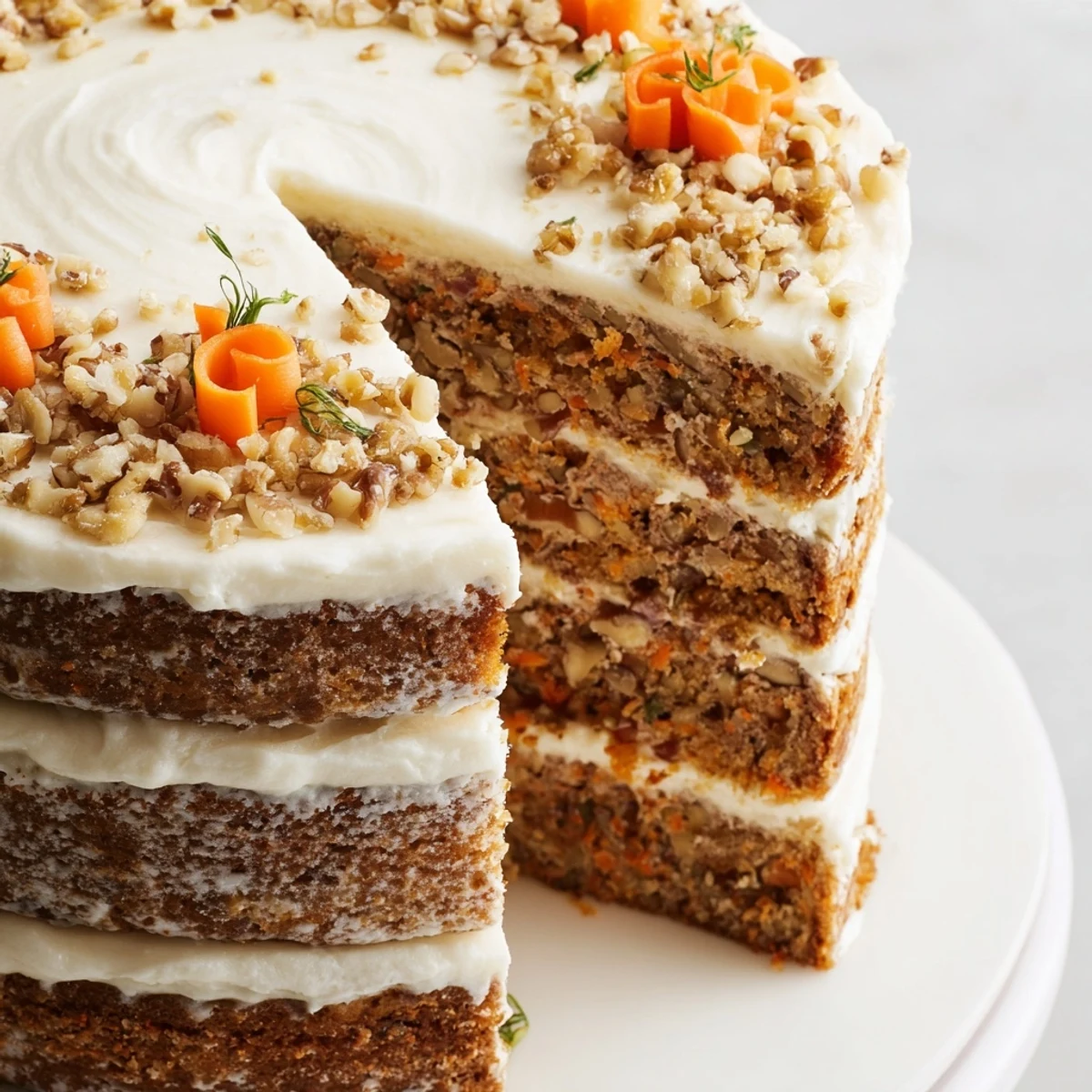 Freshly baked Carrot Cake Layer Cake with Cream Cheese Frosting, featuring tender crumb and creamy white frosting swirled beautifully.