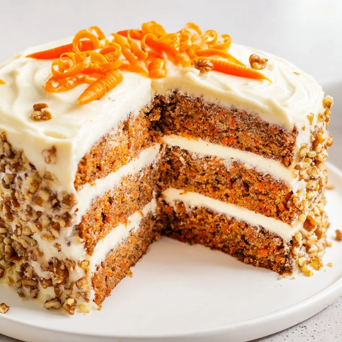 Classic American Carrot Cake Layer Cake with Cream Cheese Frosting served with a slice cut out, revealing carrots and walnuts.