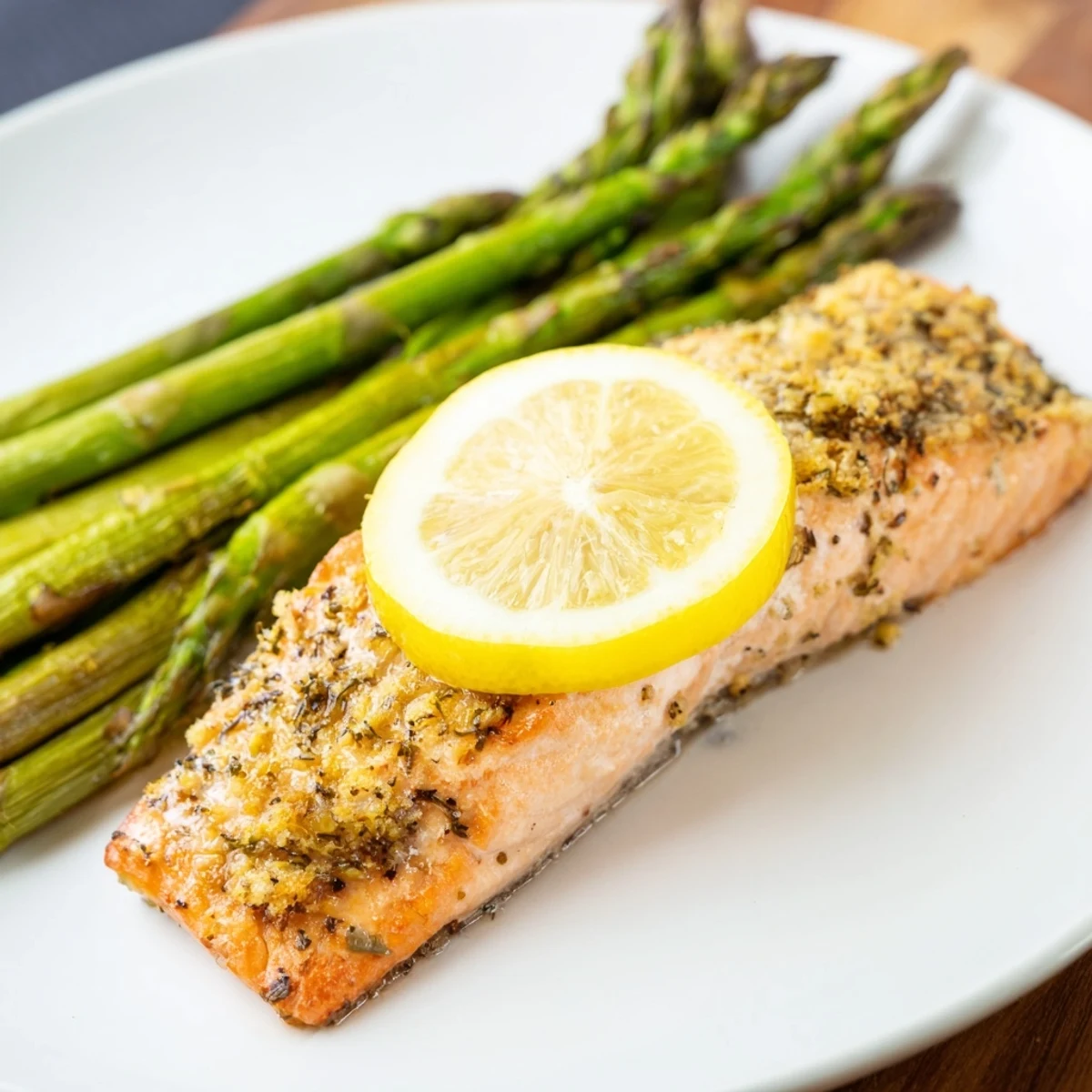 Golden-brown roasted asparagus spears and flaky lemon herb salmon on a single sheet pan, garnished with fresh dill and lemon slices.